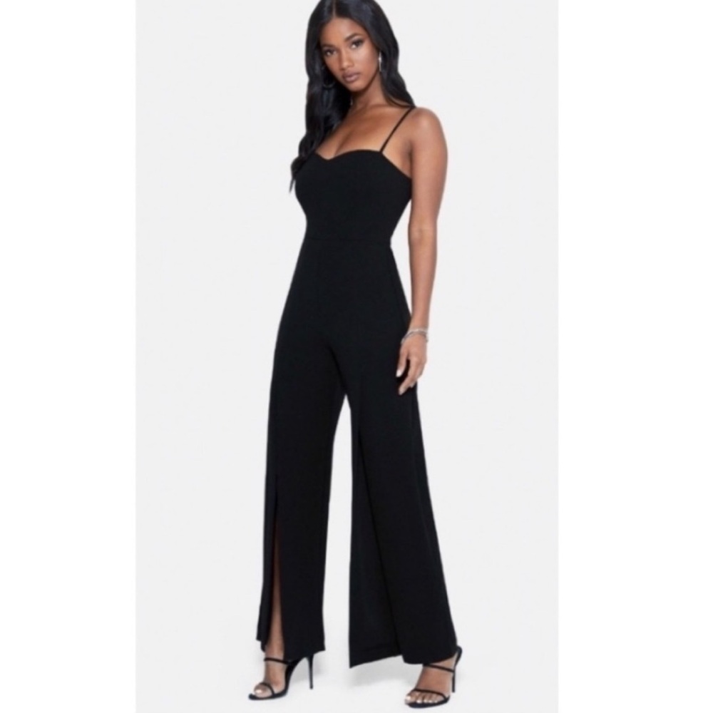 Bebe Open Leg Scuba Jumpsuit in Black.